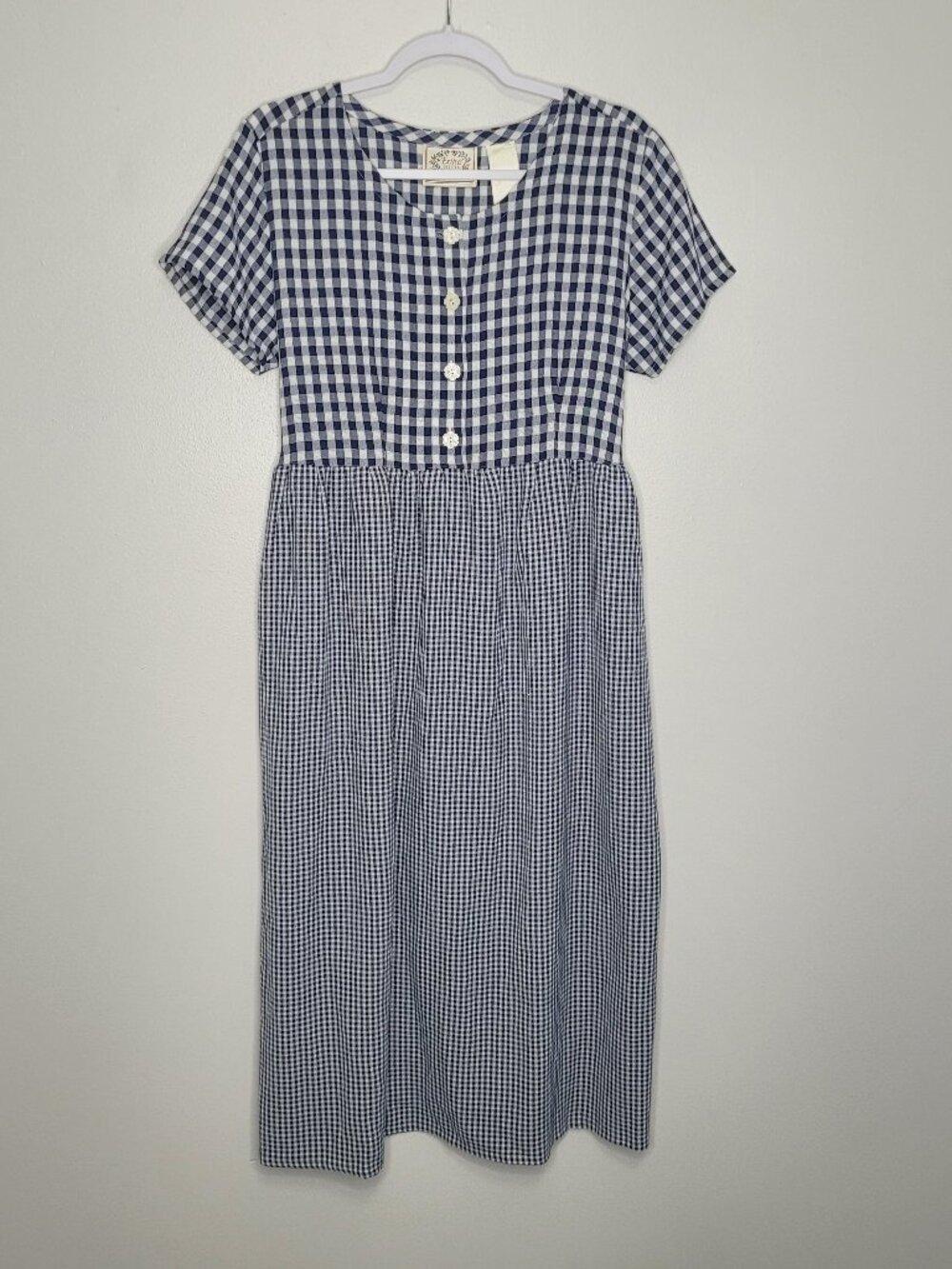 Erika petites navy blue gingham plaid midi cottage tie back dress size large p
